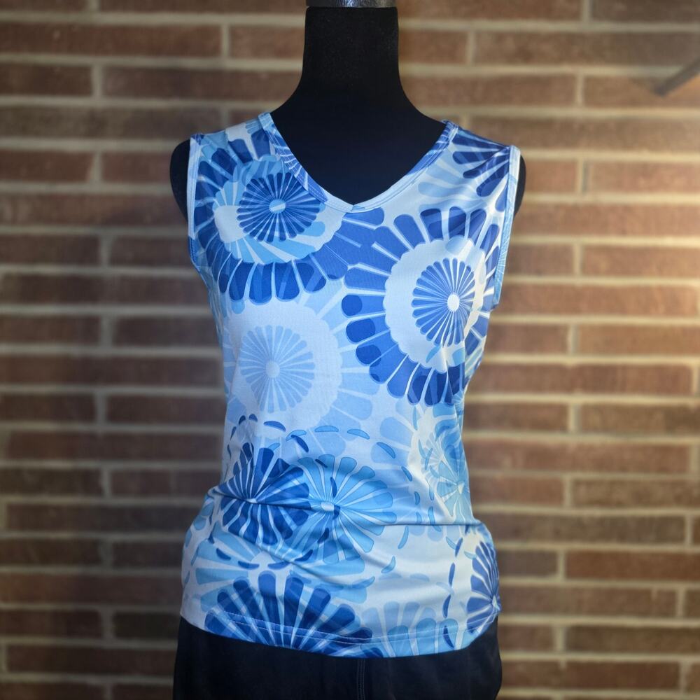 Prospirit Women's V-Neck Tank Top Blue White Medallion Floral Athletic Size S
